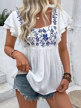 2/$45 NWT Boho Embroidered Square Neck Peplum Top White Blue Flutter Sleeve M